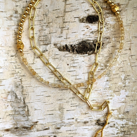 Natural Citrine And Gold Beads In Long Two Strand Gold Paperclip Necklace - Picture 7 of 12